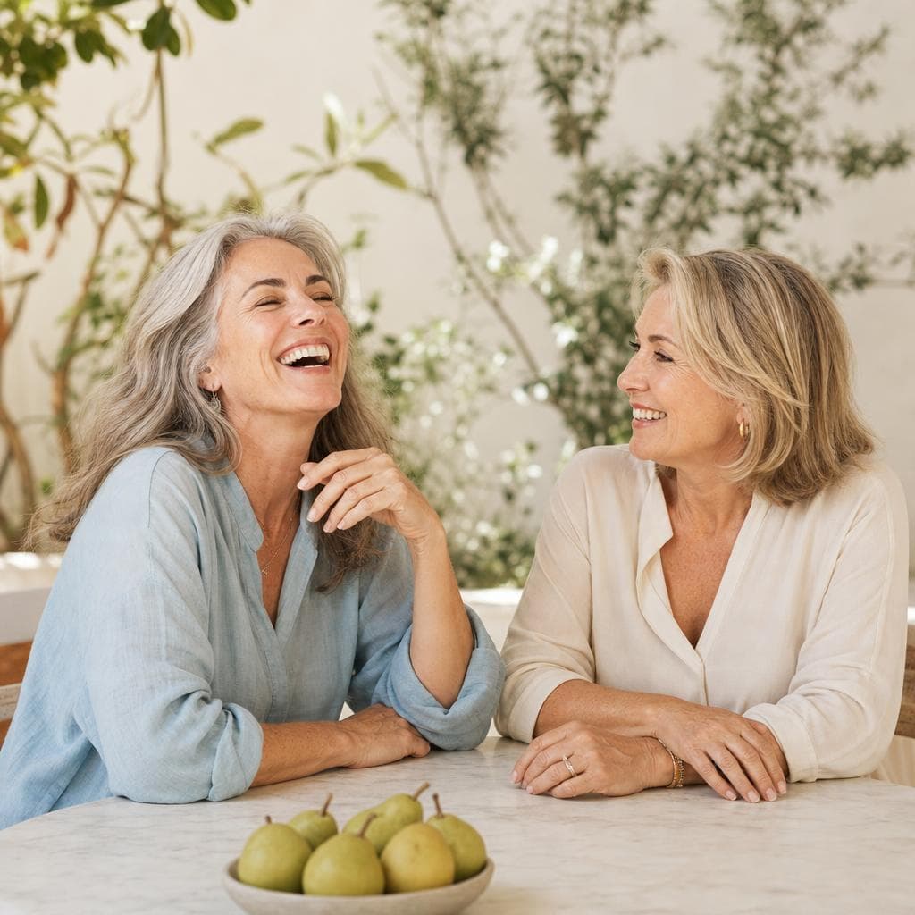 Two people talking comfortably over a drink at a kitchen table