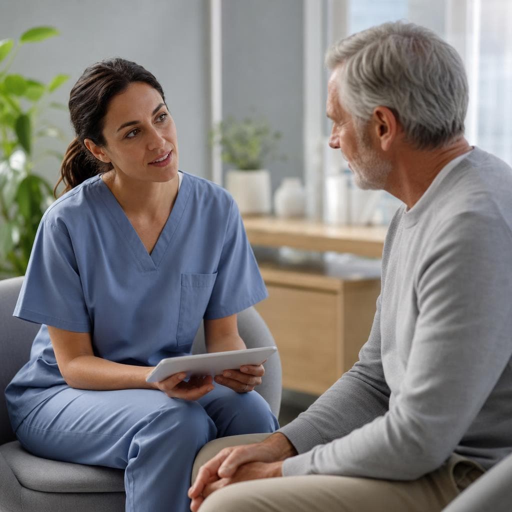 A clinician talking with a patient about managing dry mouth